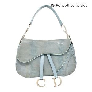 Dior Lizard Leather Double Saddle Bag in Blue